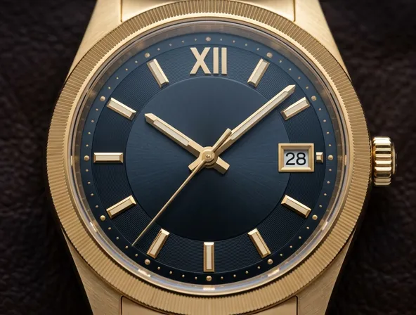 Close-up of luxury watch face with gold accents and date window, professional timepiece photography
