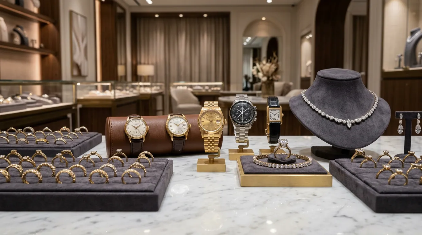Luxury jewelry display with gold rings, diamonds and fine watches on polished marble surface, elegant lighting, sophisticated background