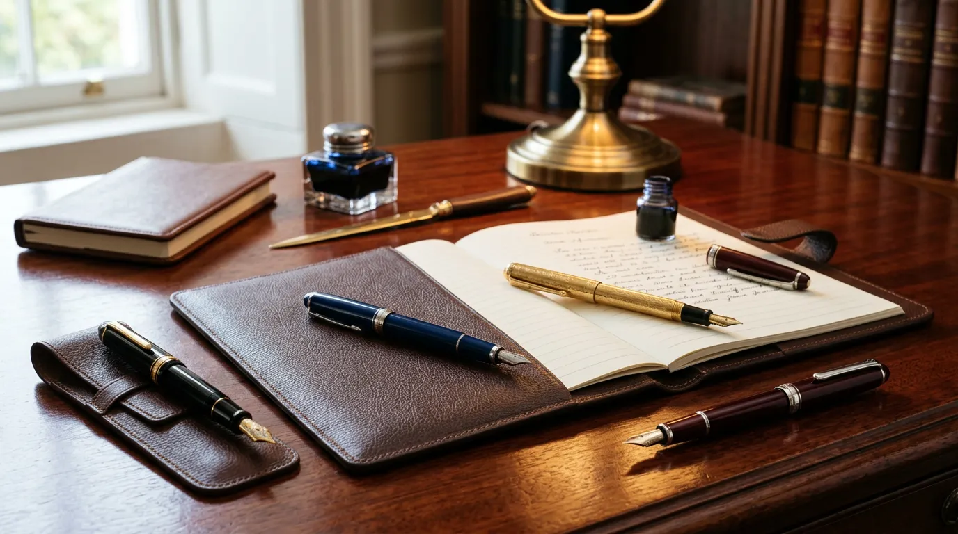 Elegant luxury fountain pens and writing instruments displayed on mahogany desk with leather portfolio, professional still life
