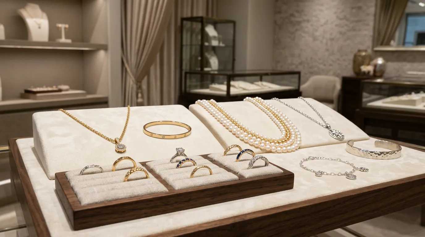 Collection of fine gold and silver jewelry including bracelets, necklaces and rings on elegant display, luxurious background, professional lighting