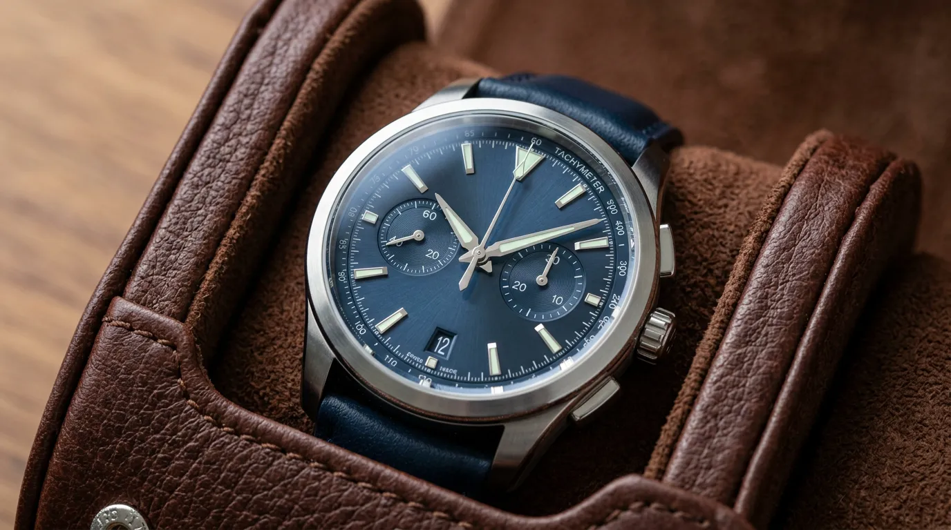 Swiss luxury watch on a soft leather watch roll, close-up of dial and hands, professional watch photography